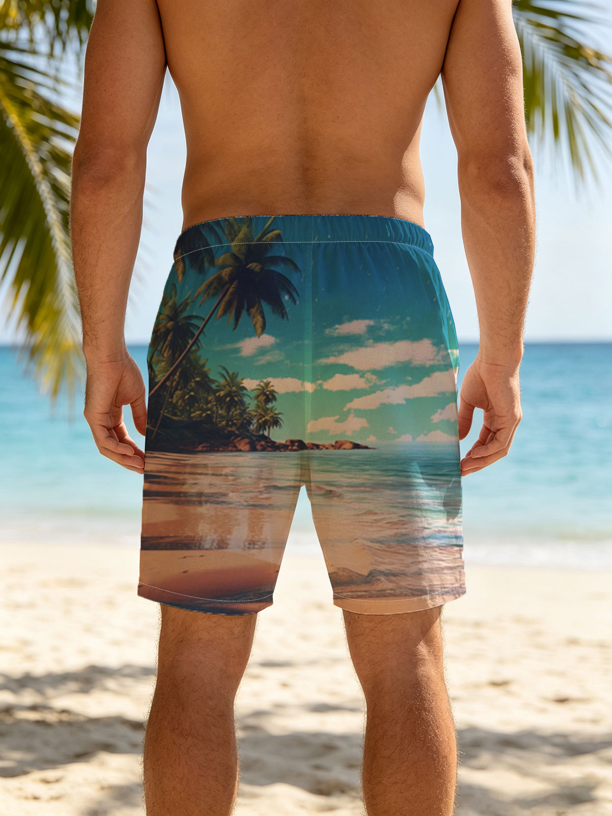 Tropical Beach with Palm Trees and Crystal Clear Water -  Beach shorts