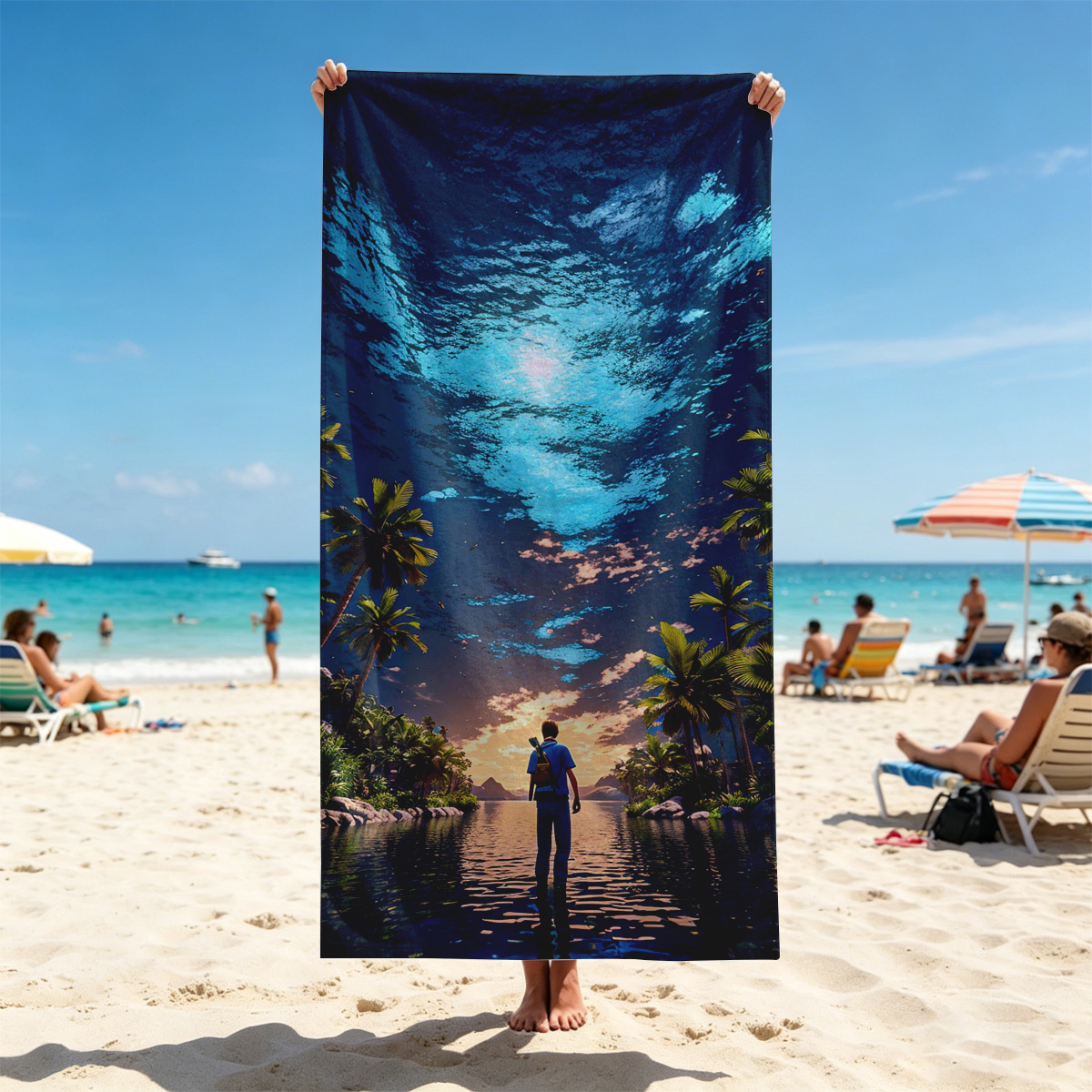 Man stands on water under surreal sky, surrounded by palm trees at twilight - Beach towels
