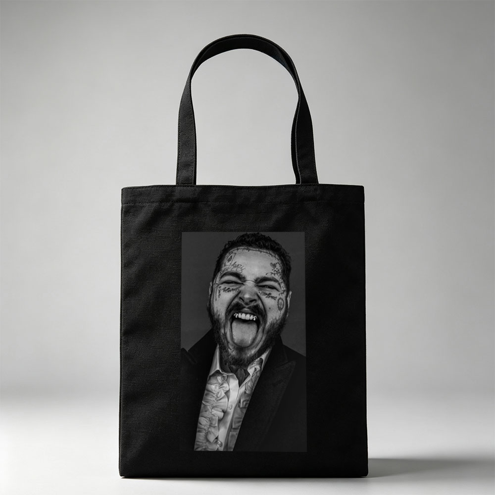 Post Malone Screaming in Black and White Portrait with Facial Tattoos and Suit - Canvas tote bags