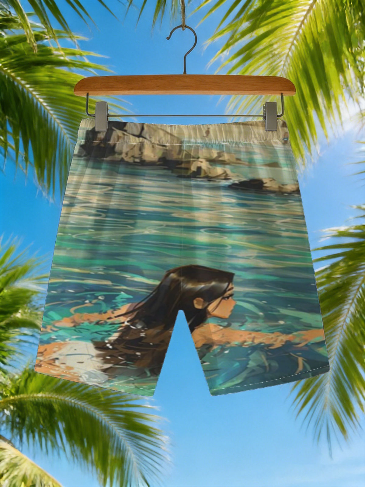 Woman swimming in clear blue water near rocky shore -  Beach shorts