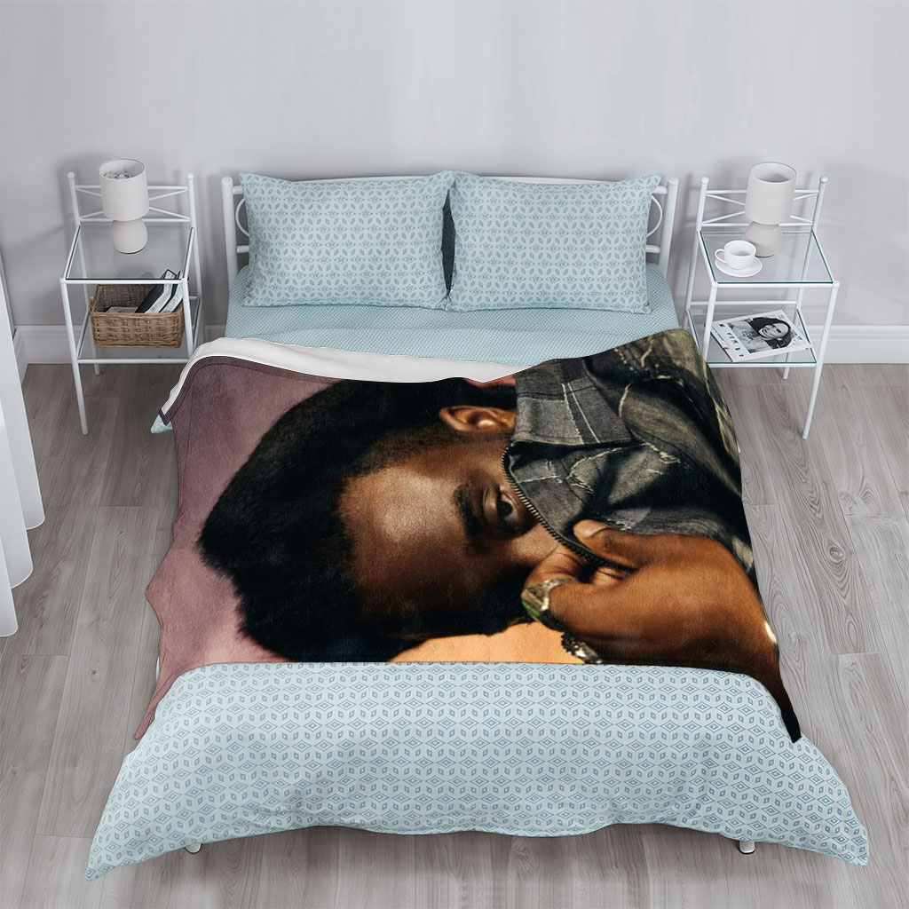 Kendrick Lamar in a Bold Pose Holding Denim Jacket to Face - Blankets