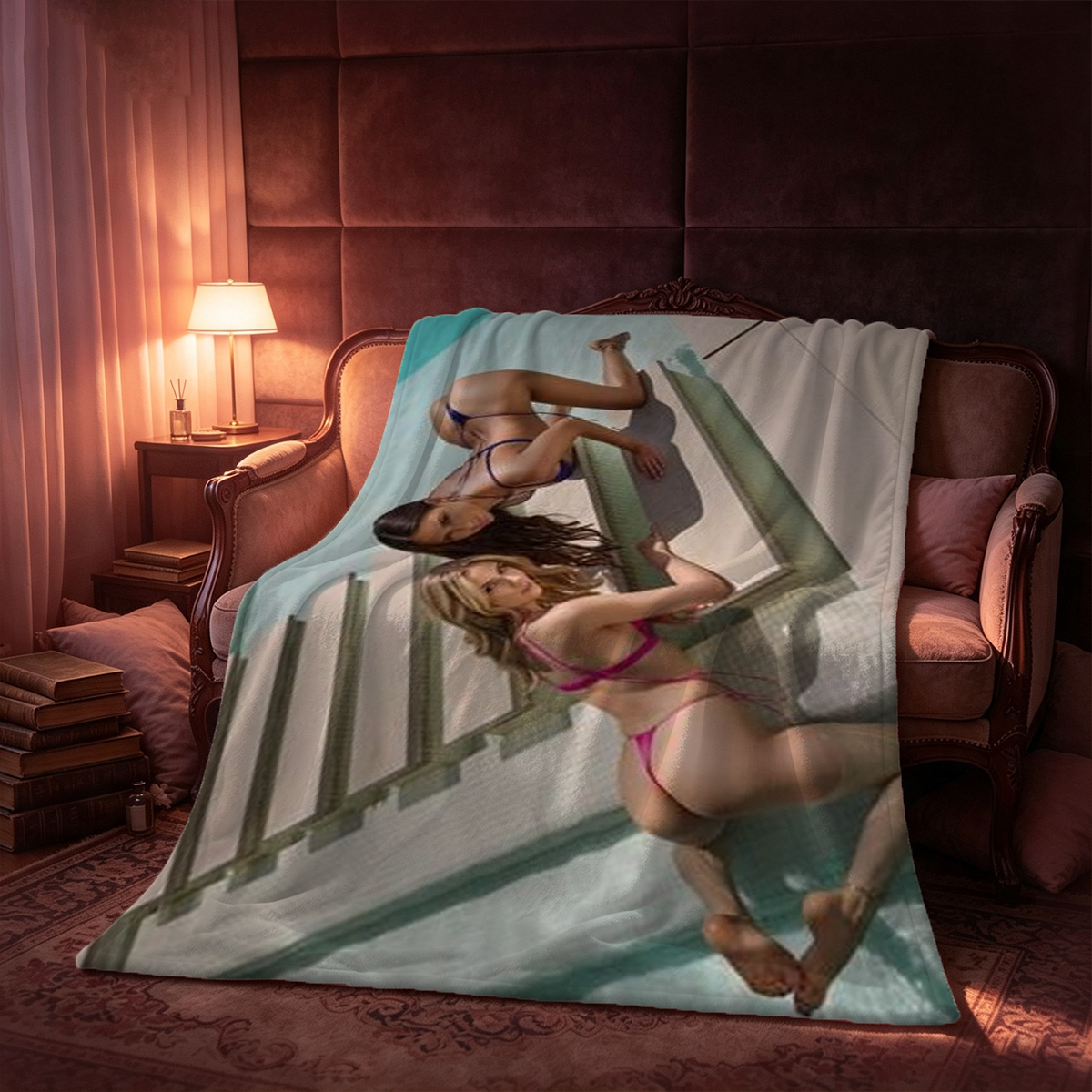 Japanese Actress in Red Lingerie on Bed - Blanket