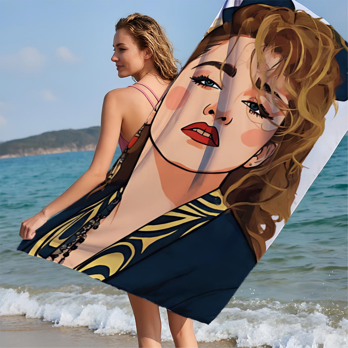 Portrait of a Woman with Blonde Hair and Blue Bow, Wearing a Navy Blue Top with Yellow Patterns - Beach towels