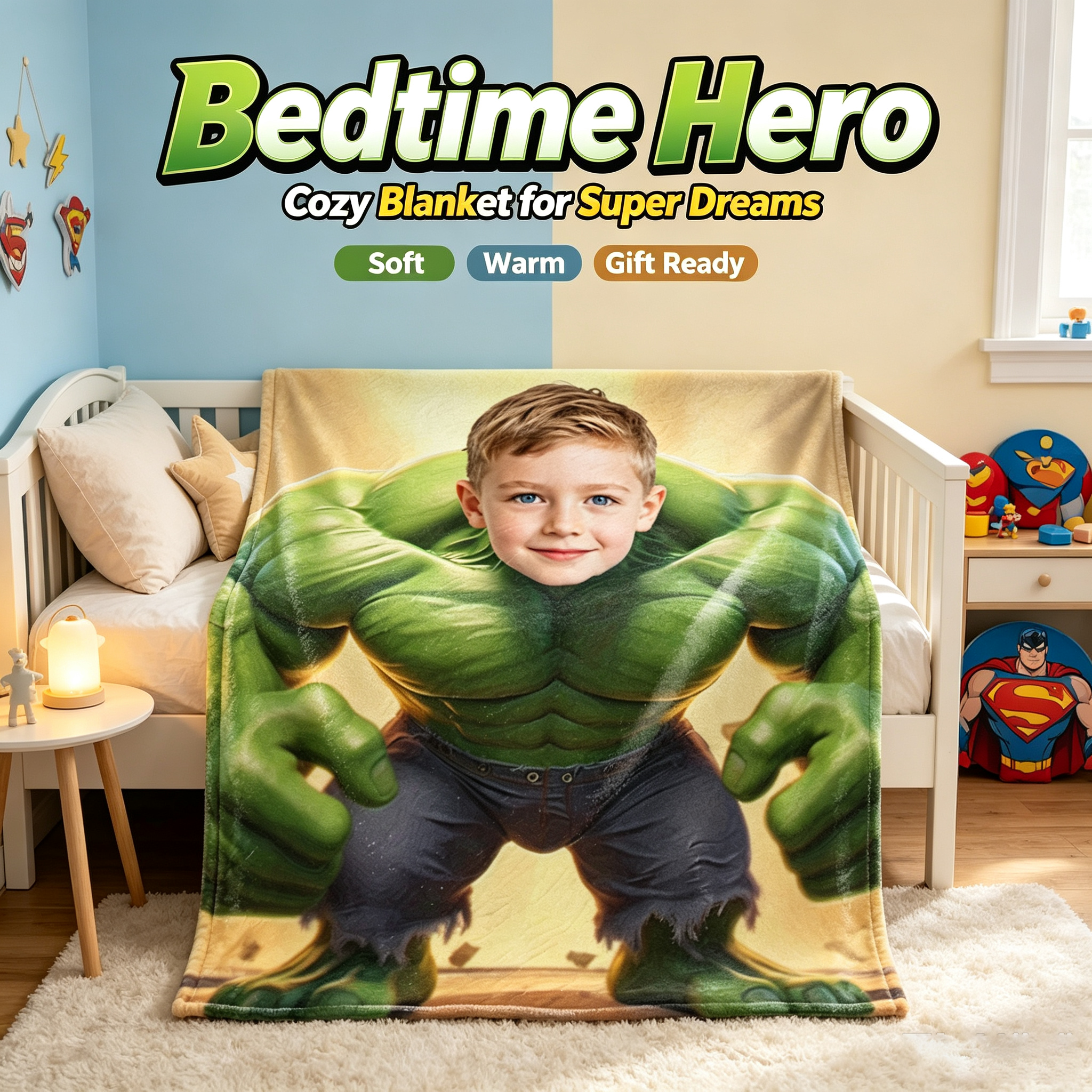 Custom Photo Hulk Throw Blanket Personalized Superhero Flannel Blanket for Kids