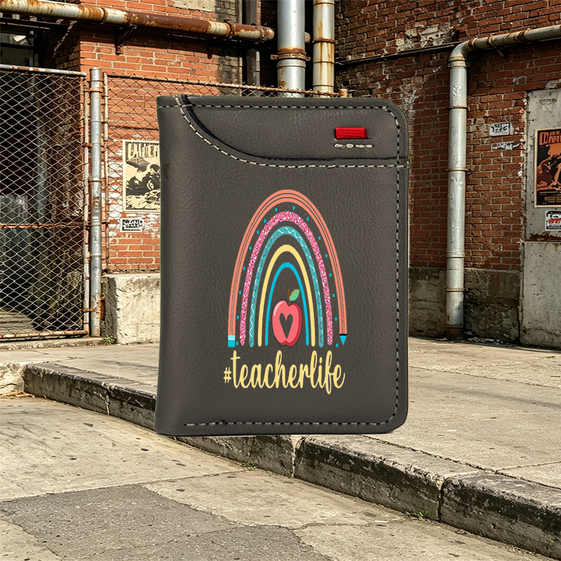 Unisex Vertical Wallet with Rainbow Apple Print and #teacherlife Text – Perfect for Teachers, Educators, and School Staff – Ideal Gift for Teacher Appreciation or Daily Use