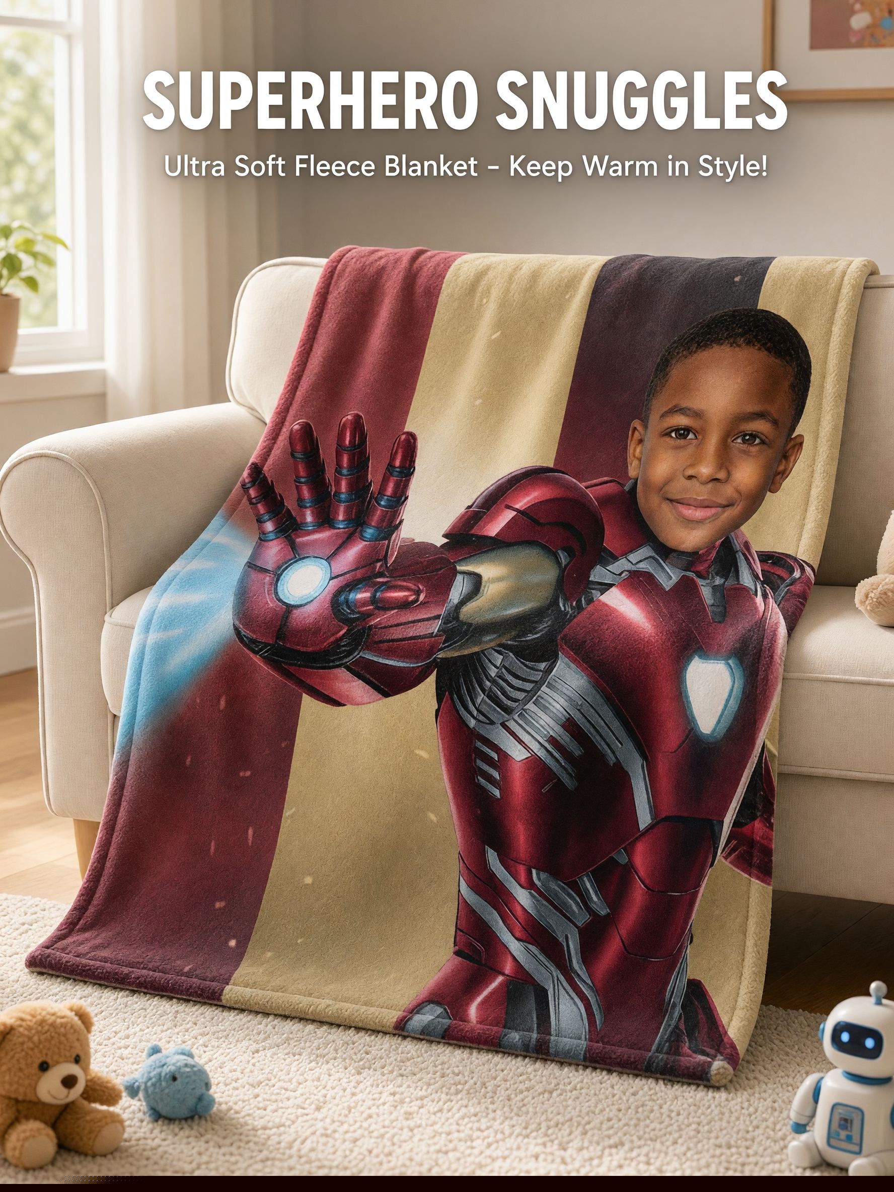 Custom Face Superhero Flannel Blanket Personalized Photo Throw Cozy Plush Fleece Bedding for Kids and Hero Fans