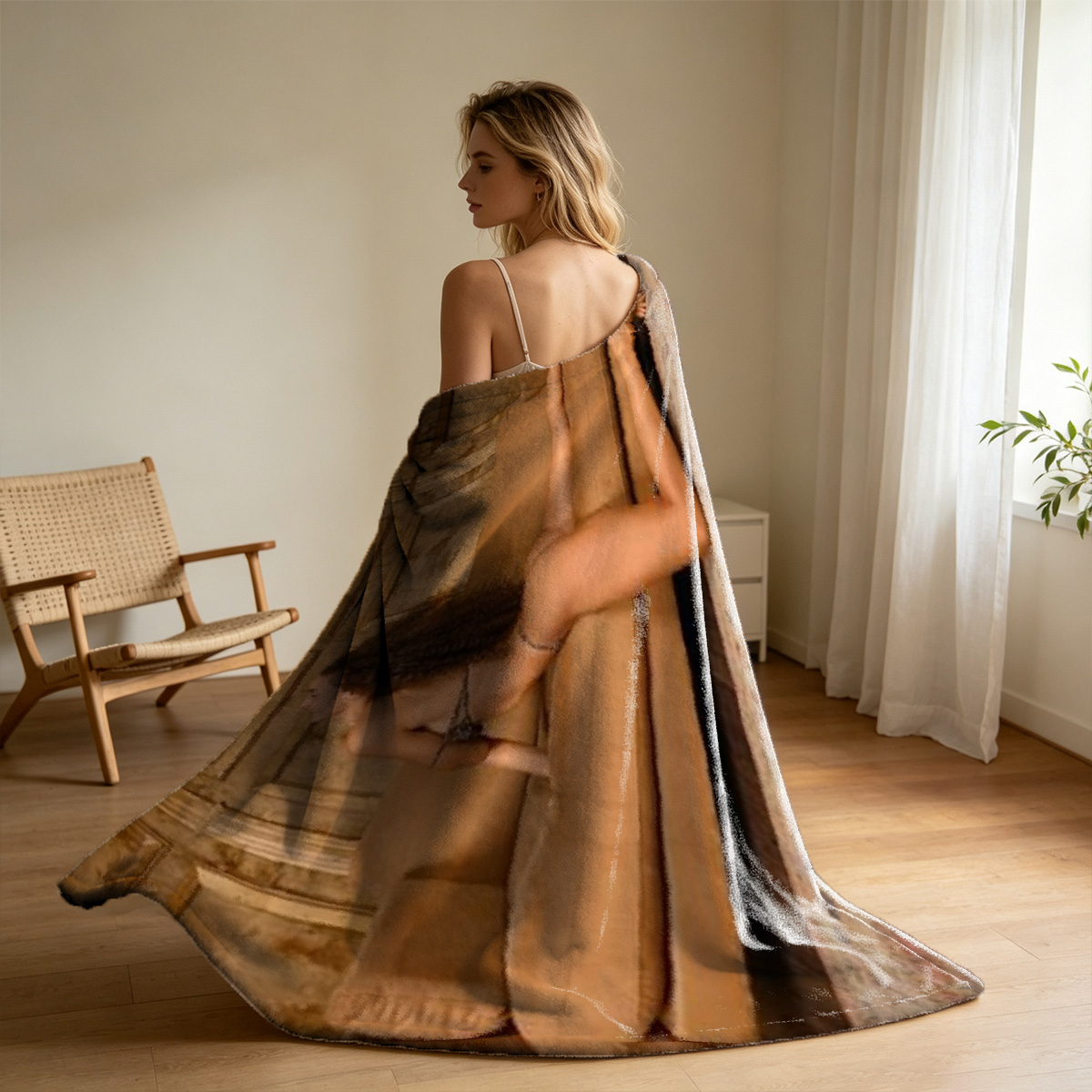 Blonde woman in black thong standing nude by wooden table. - Blanket
