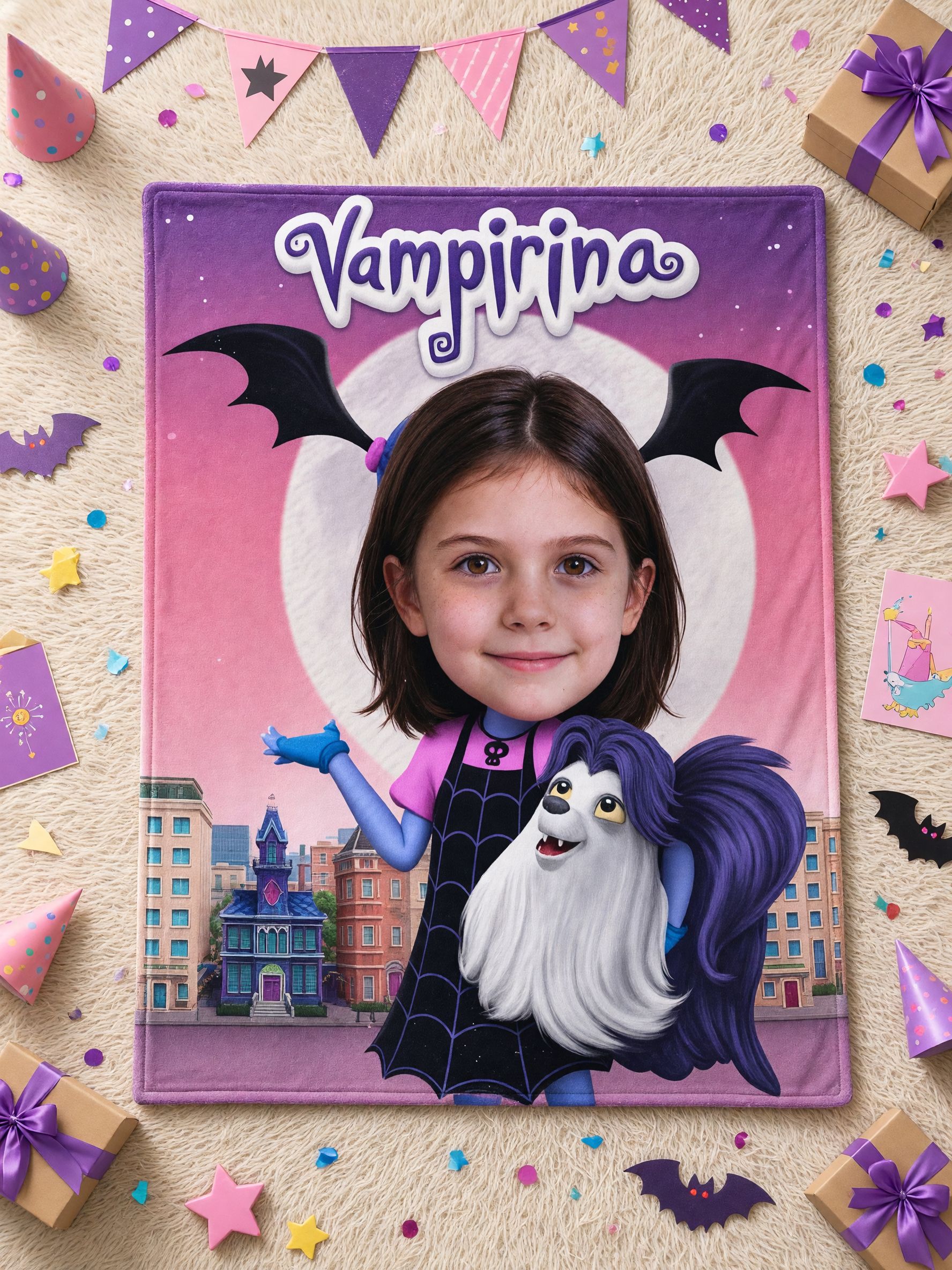 Personalized Photo Face Blanket Custom Cartoon Vampire Flannel Fleece Throw Cozy Birthday Gift for Kids and Family