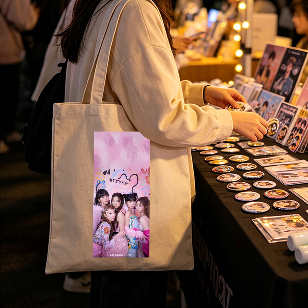 LE SSERAFIM in a Colorful Pink-Themed Photo Shoot with Playful Expressions and Vibrant Outfits - Canvas tote bags
