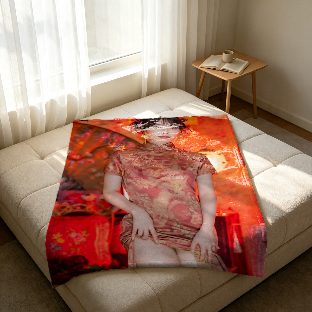 Aimi Yoshikawa in red sheer lingerie by the window. - Blanket