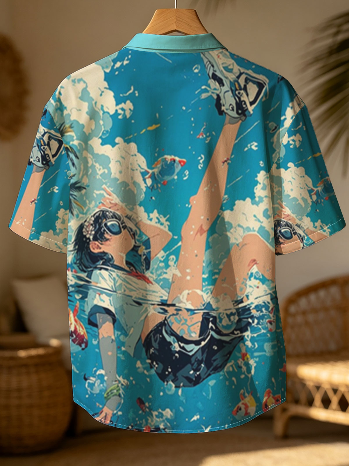 Girl floating in water with koi fish and palm trees under blue sky -  Shirt