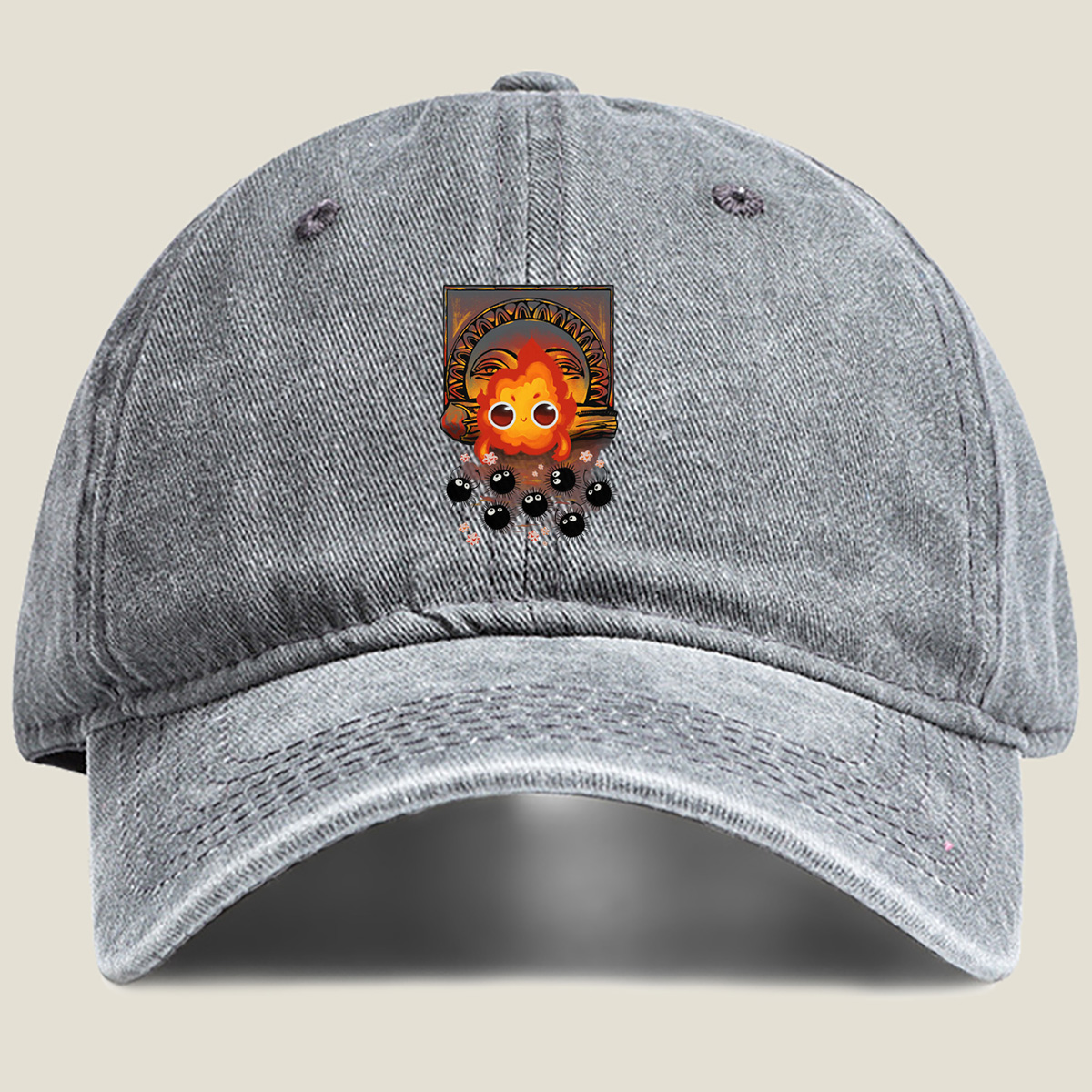 Cute Flame Character with Black Spiky Creatures and Ancient Mask Background - Washed Denim - Baseball Cap