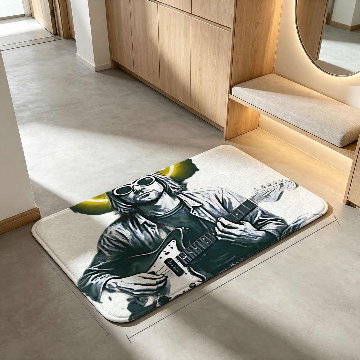 Kurt Cobain Playing Guitar with Neon Smile Halo - Flannel floor mat