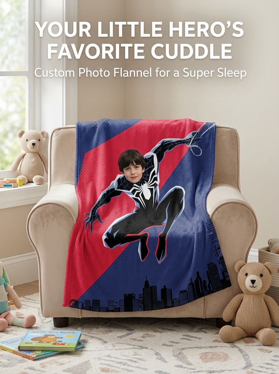 Custom Photo Superhero Flannel Blanket Ultra Soft Personalized Face Throw Blanket for Kids and Teens Bedding Decor