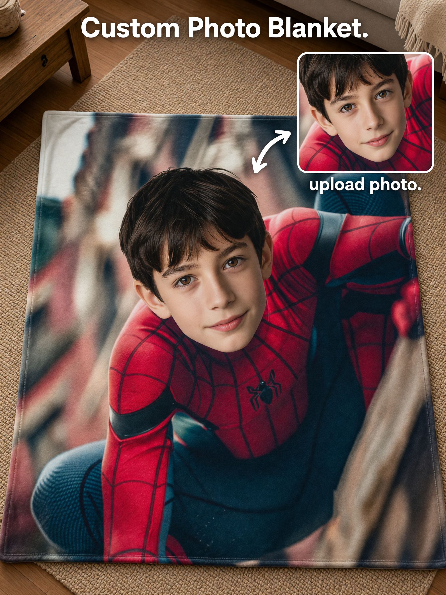 Custom Face Superhero Flannel Blanket, Personalized Photo Throw for Kids, Soft Cozy Bed Couch Warm Keepsake Gift