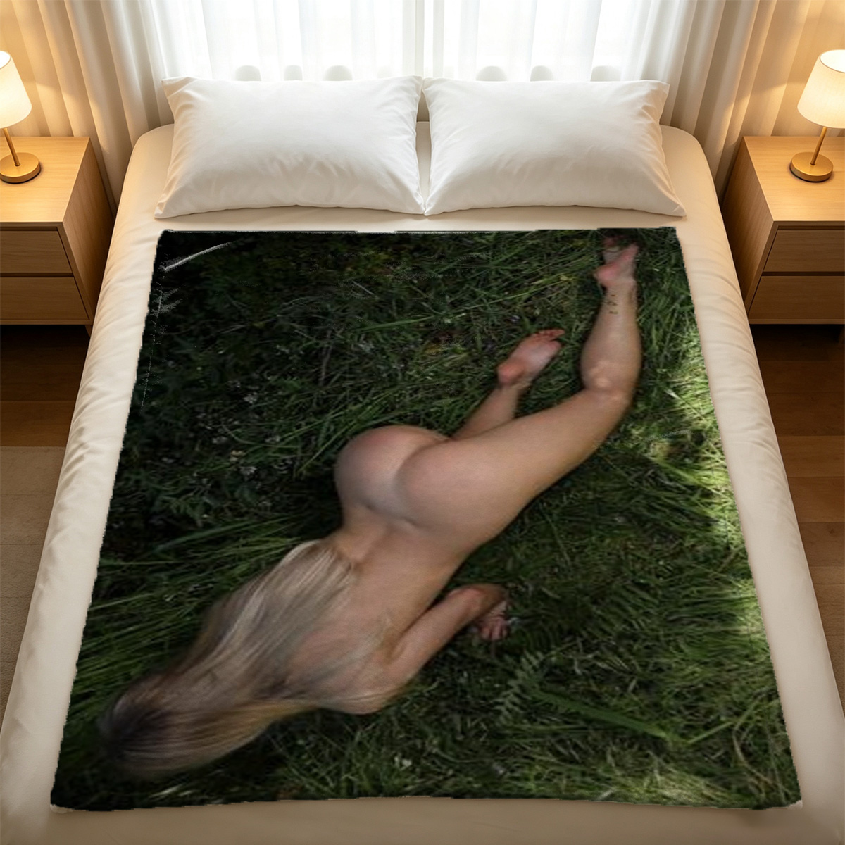 A woman in gray sheer lingerie and stockings posing in a bedroom. - Blanket
