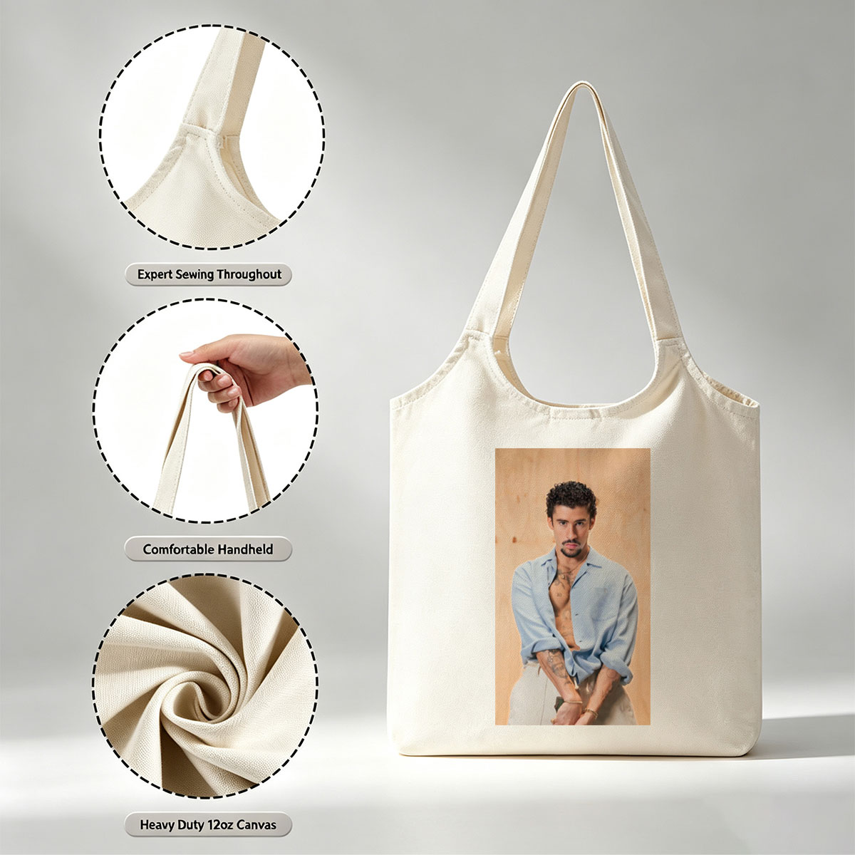 Bad Bunny in a Casual Pose Wearing an Open Light Blue Shirt and White Pants with Visible Tattoos - Canvas shoulder bags/