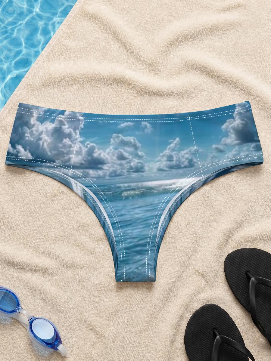 Sunlit Beach with Crystal Clear Waters and Fluffy Clouds -  Men's swim trunks