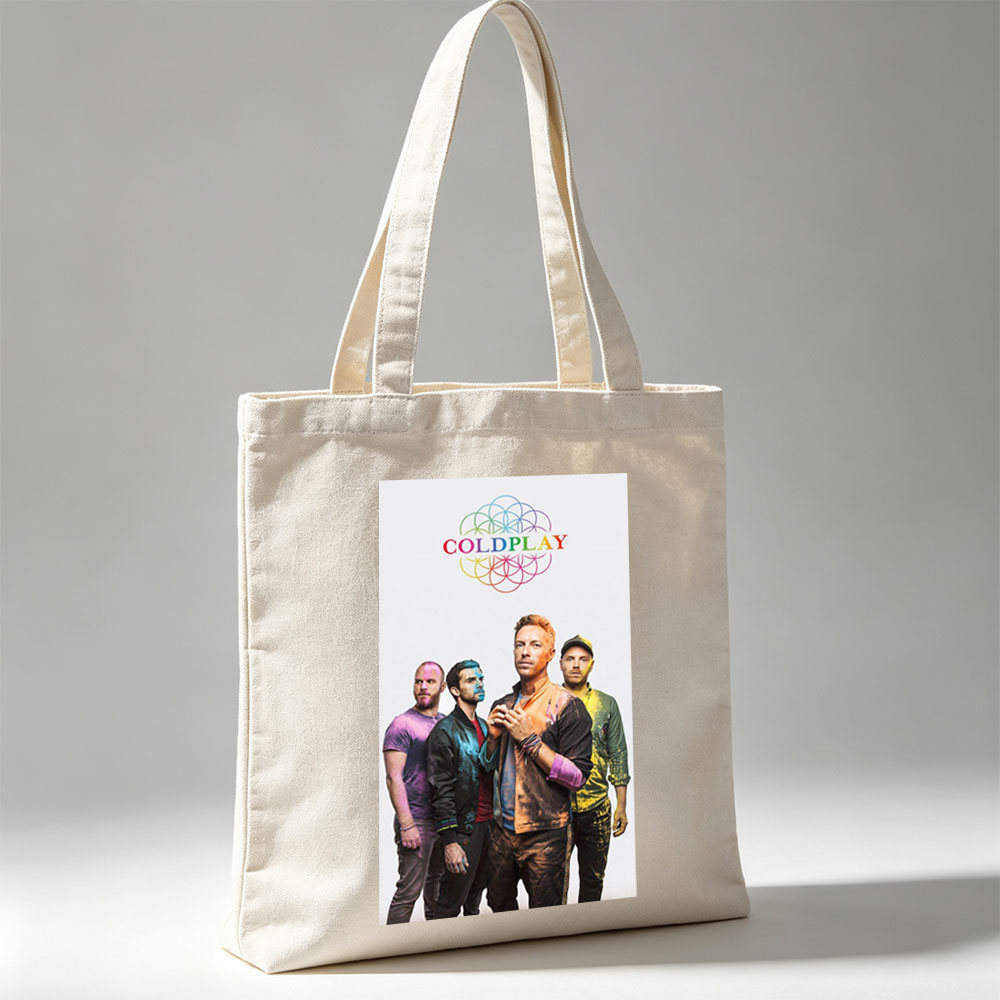 Coldplay Band Members in Colorful Painted Outfits Standing Together with Rainbow Logo Above - Canvas tote bags