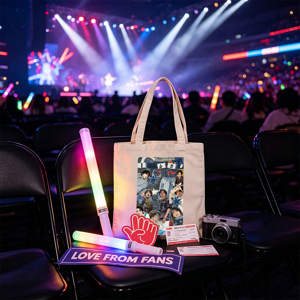 IMASE Members in a Denim-Themed Collage with Stars and Playful Elements - Canvas tote bags