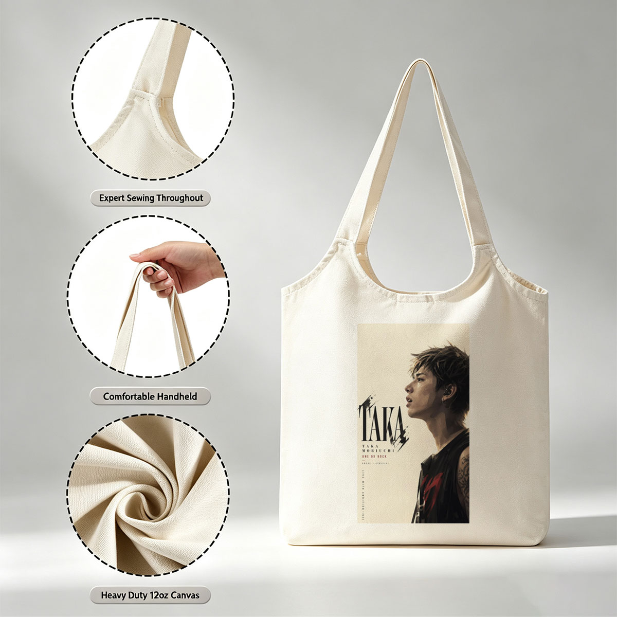 Taka Moriuchi Live Performance Portrait in Black Sleeveless Top with Tattoo and Earpiece - Canvas shoulder bags/