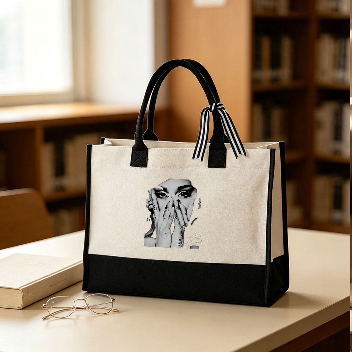 Lady Gaga: Artistic Black and White Portrait with Hand Tattoos and Signature - Canvas patchwork gift tote bag
