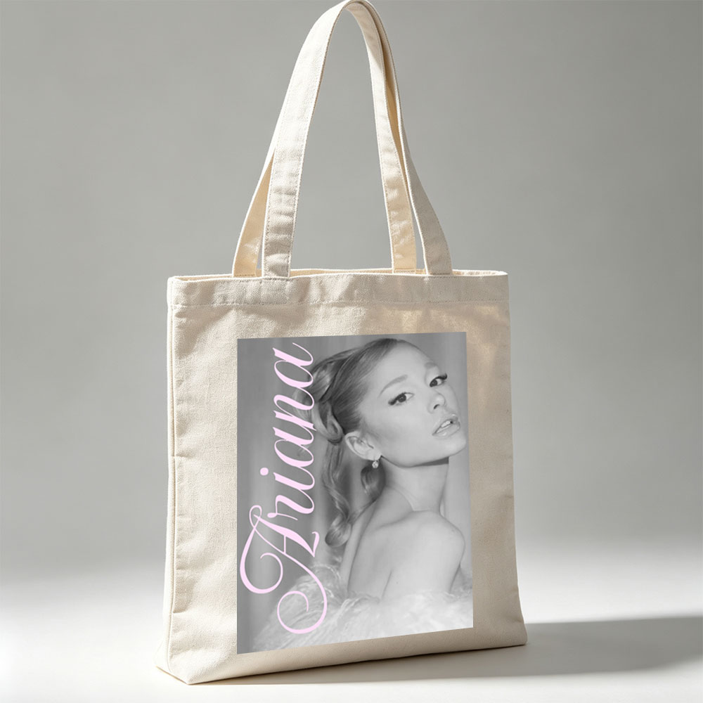 Ariana Grande Elegant Black and White Portrait with Pink Text Overlay - Canvas tote bags