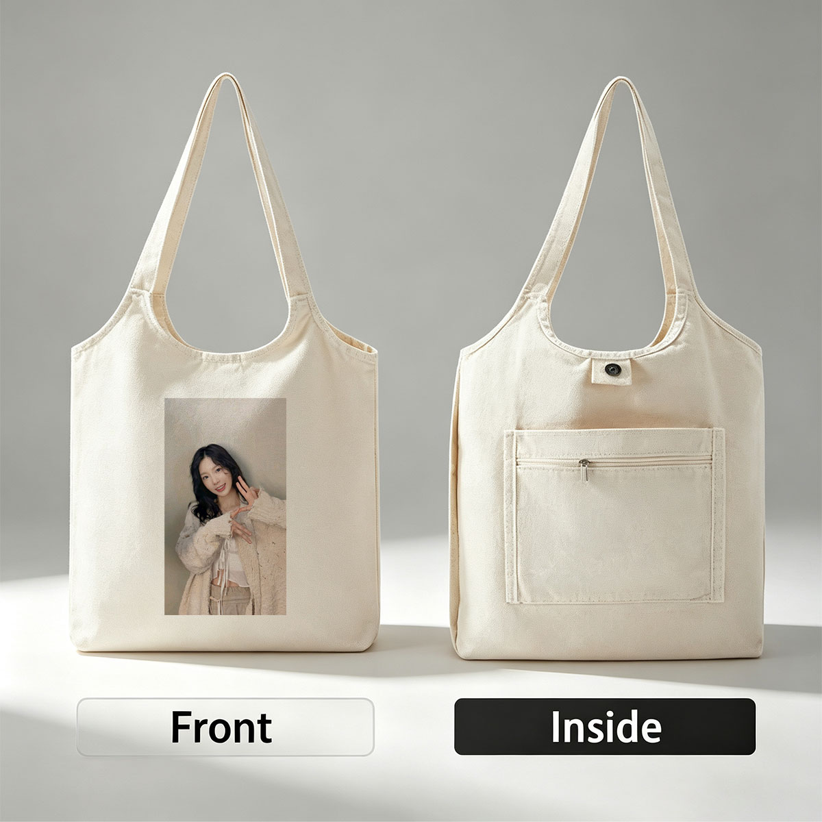 Lee Su-jeong in a Cozy Outfit Making a Peace Sign Pose - Canvas shoulder bags/