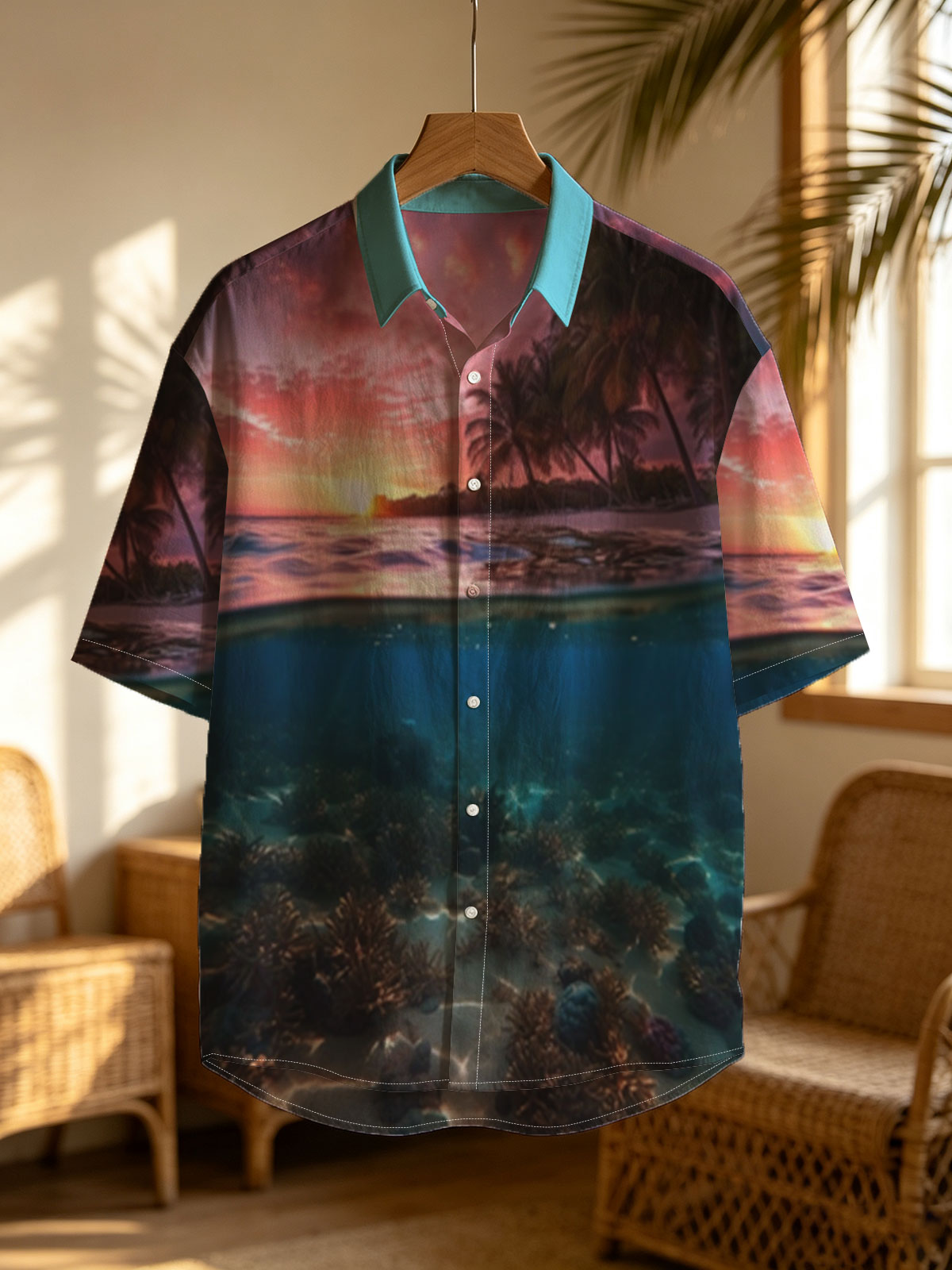 Sunset over tropical beach with underwater coral reef -  Shirt