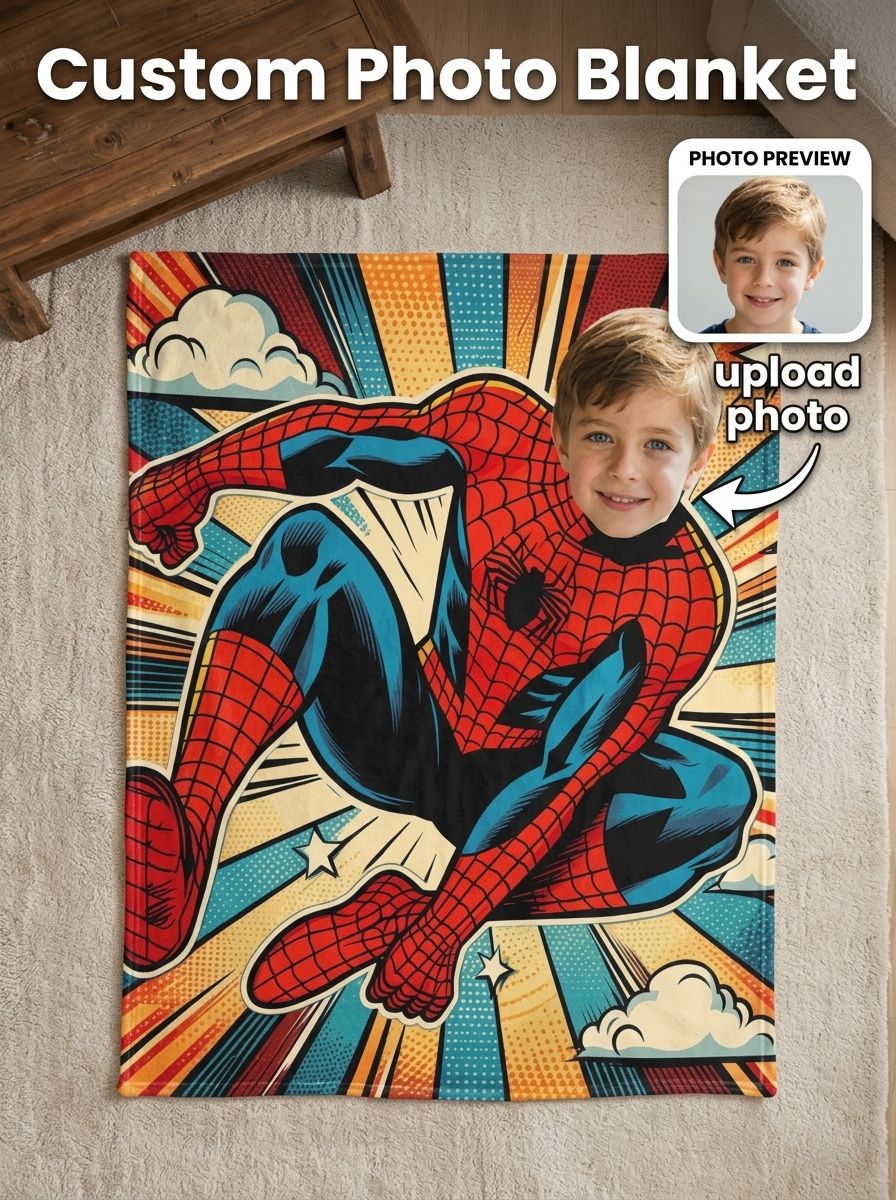 Custom Face Superhero Blanket Personalized Comic Book Flannel Throw Cozy Skin Friendly Fleece Bed Couch Gift for Kids