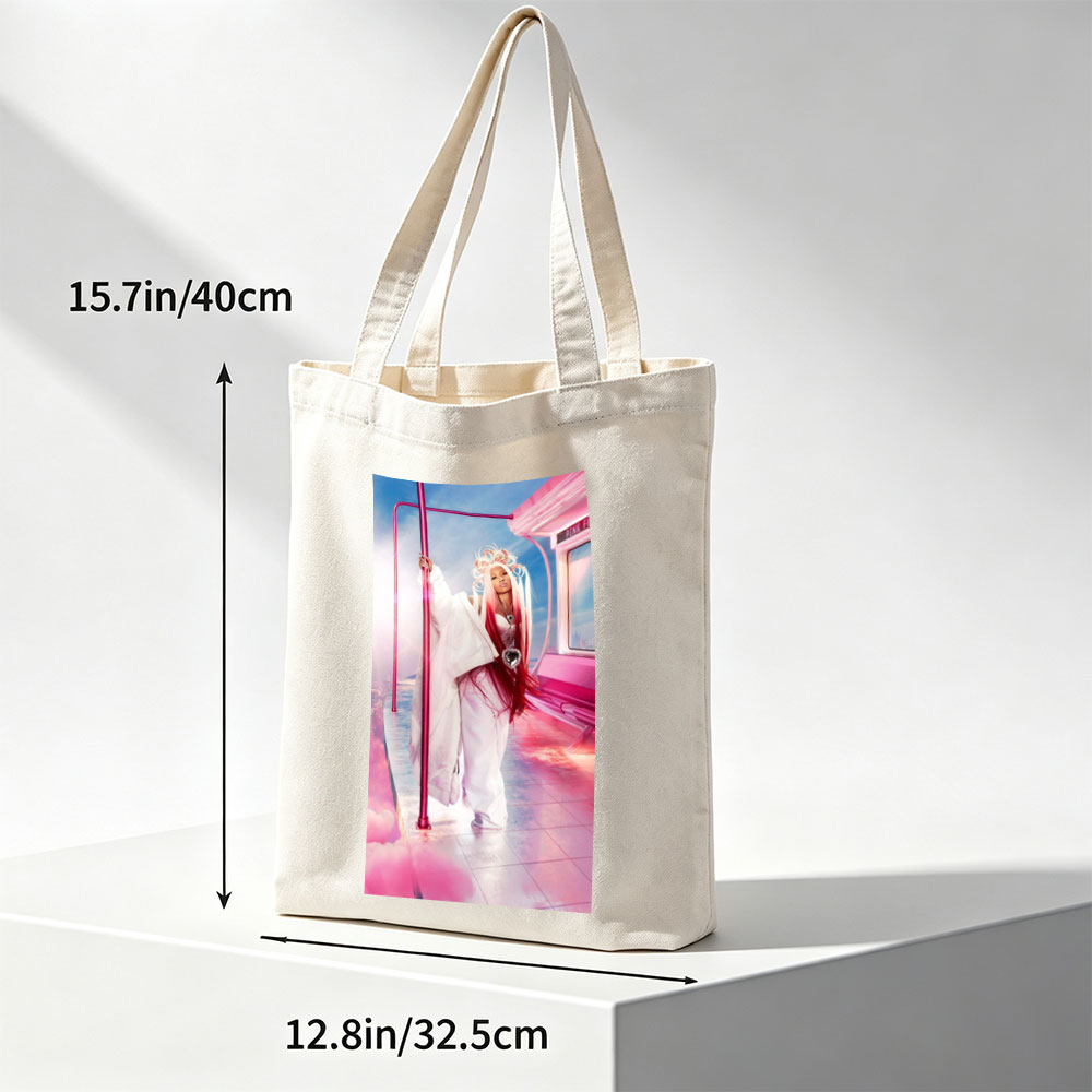 Nicki Minaj in a Pink Fantasy Scene with Futuristic Bus and Clouds - Canvas tote bags