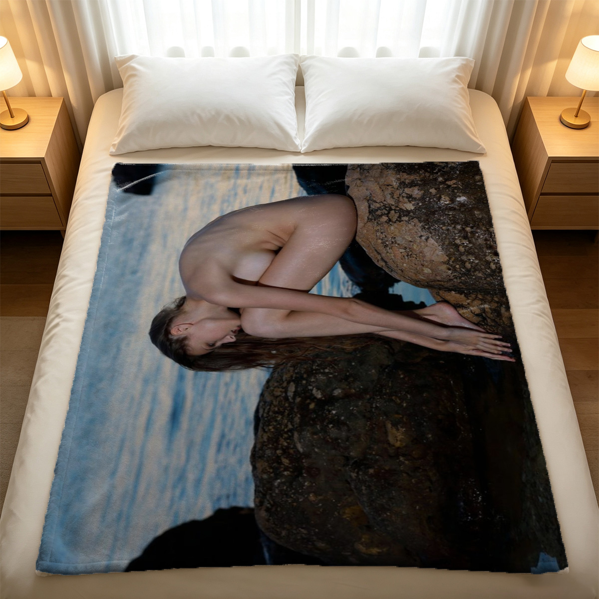 Elegant Asian beauty in leopard lingerie and stockings posing on marble vanity. - Blanket