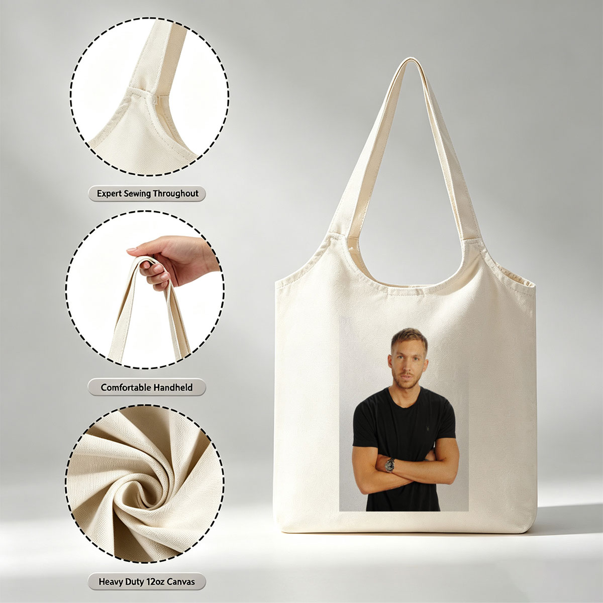 Calvin Harris Standing with Arms Crossed in Black T-Shirt Against White Background - Canvas shoulder bags/
