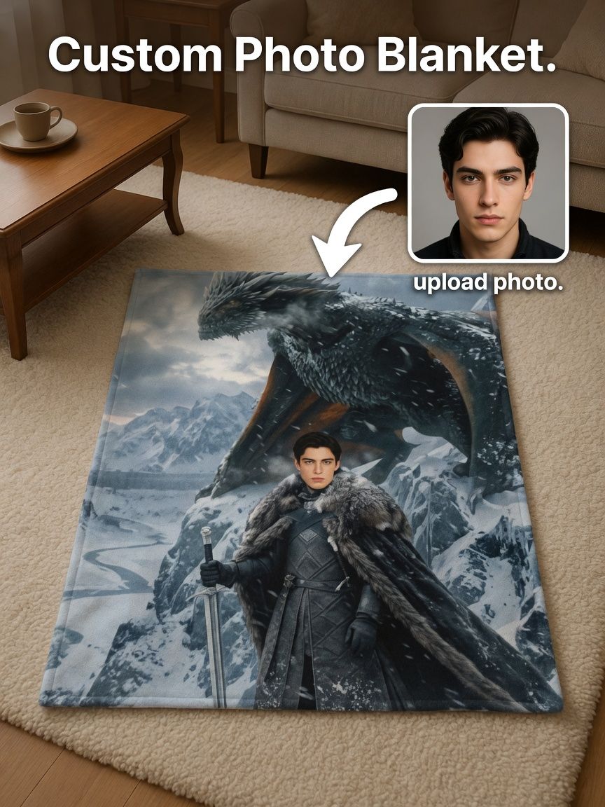 Custom Photo Face Dragon Warrior Flannel Blanket Personalized Fantasy Fleece Throw for Bed Sofa and Cozy Home Decor