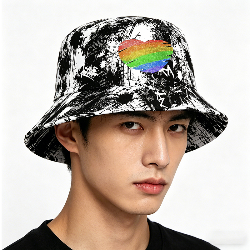 Unisex Classic Graffiti Bucket Hat with Rainbow Heart Glitter Print | Casual Streetwear Accessory for Outdoor Activities, Festival, Daily Wear | Perfect for Adults Seeking Bold Fashion Statement