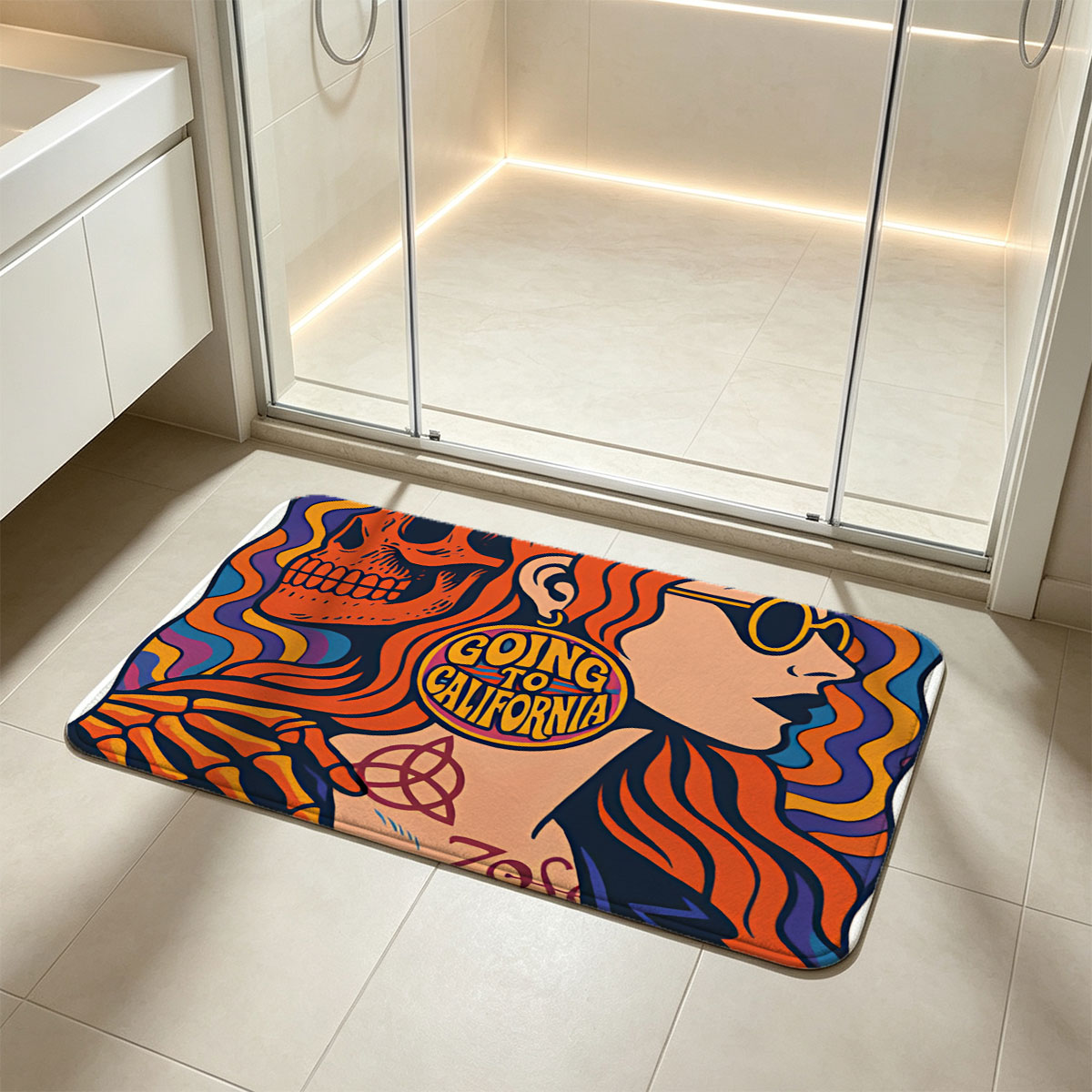 Going to California: Skeleton and Redhead with Psychedelic Vibes - Flannel floor mat
