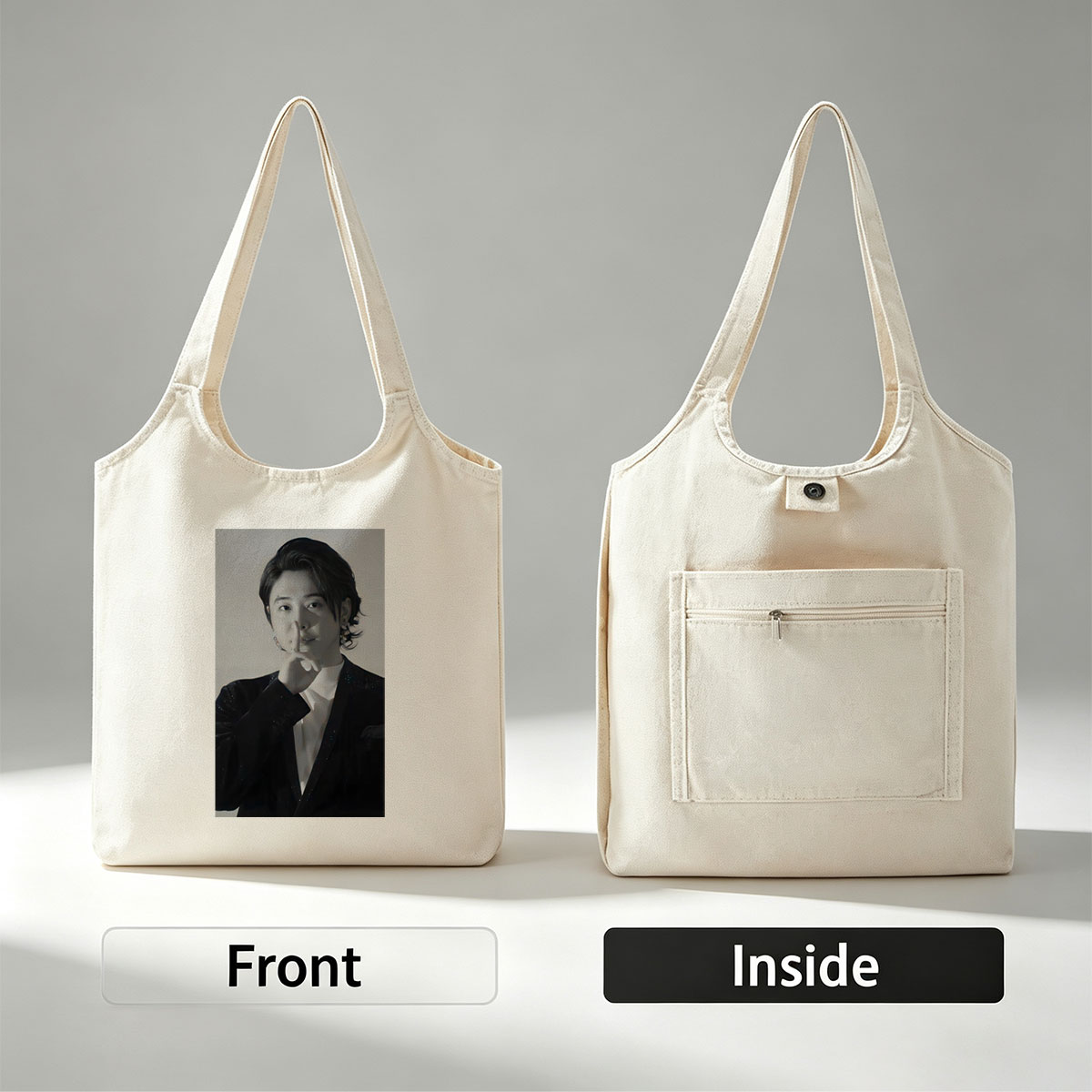 Kai from EXO in a dramatic pose with finger on lips, wearing a sparkling black suit and white shirt, set against a neutral background. - Canvas shoulder bags/