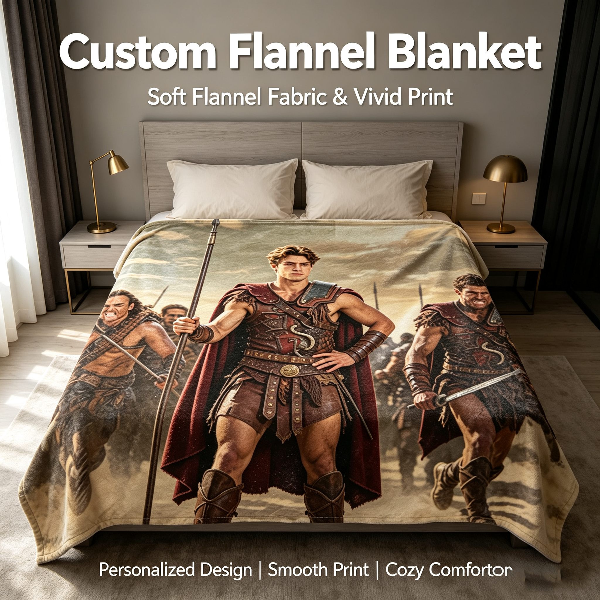 Custom Face Blanket - Ancient Warrior Hero with Spear and Armor Flannel Blanket - Perfect for Couch, Bed, or Camping - Ideal Gift or Giveaway for History and Fantasy Fans