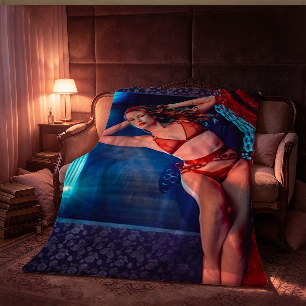 Red Lingerie Seduction on Velvet Couch - Blanket
