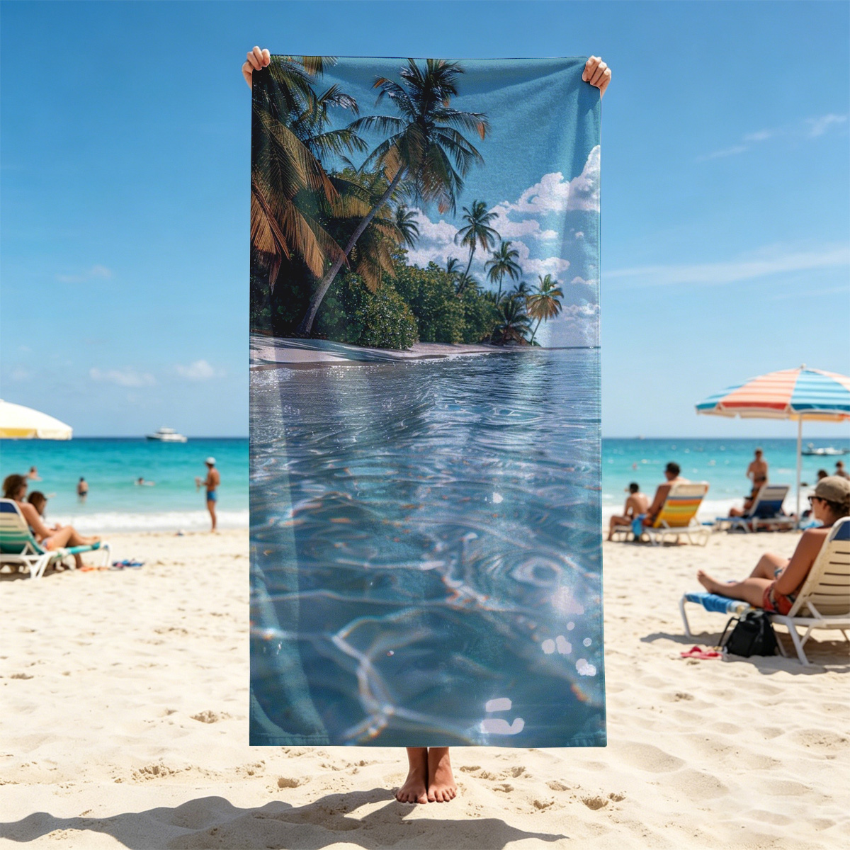 Crystal-clear waters lap against a serene tropical beach lined with swaying palm trees under a bright blue sky. - Beach towels