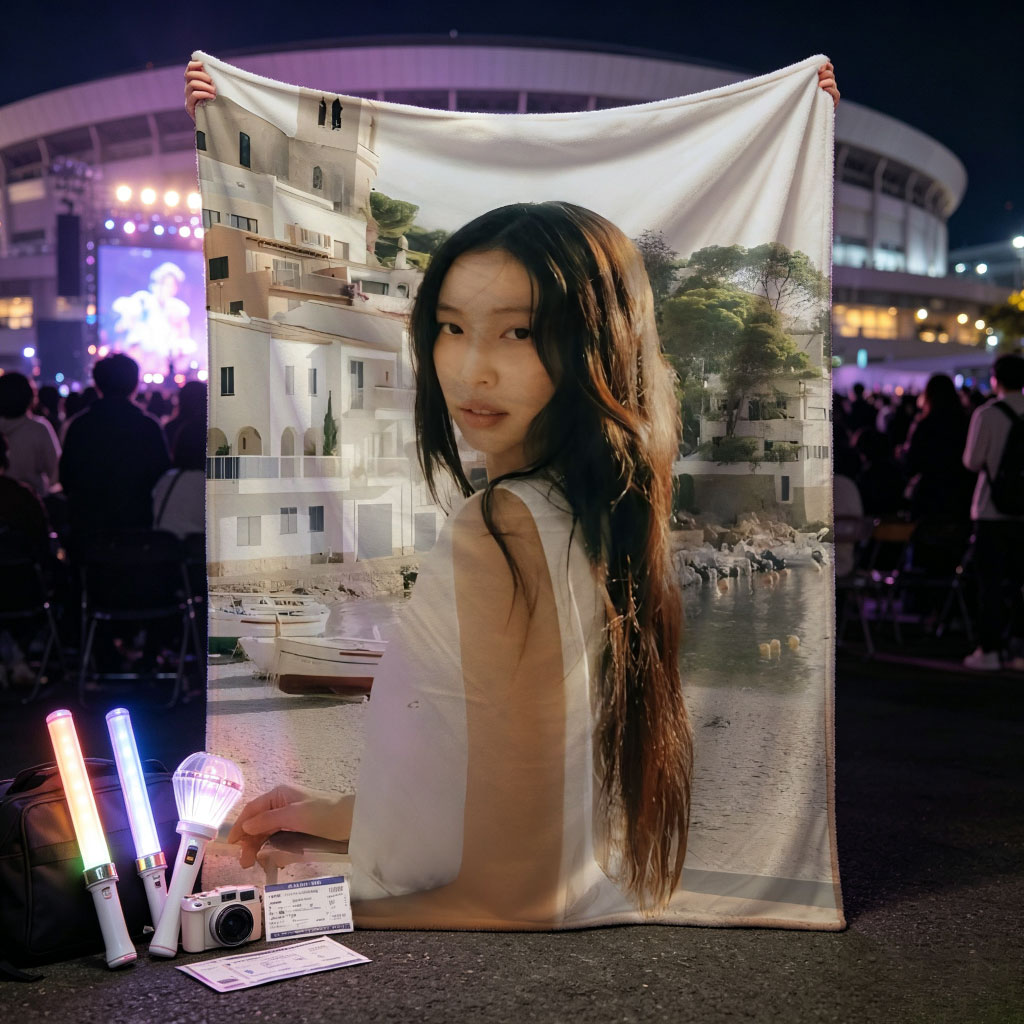 Jennie Kim in a White Dress by the Seaside with a Church Tower in the Background - Blankets