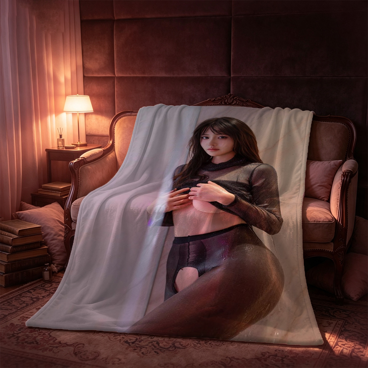 Blonde woman in metal handcuffs, fully nude on all fours in living room. - Blanket