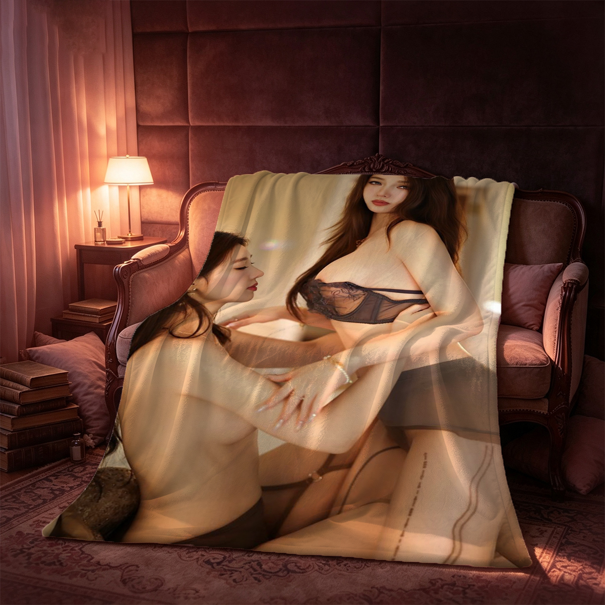 Nude Blonde in Orange Sarong Sitting by Window - Blanket