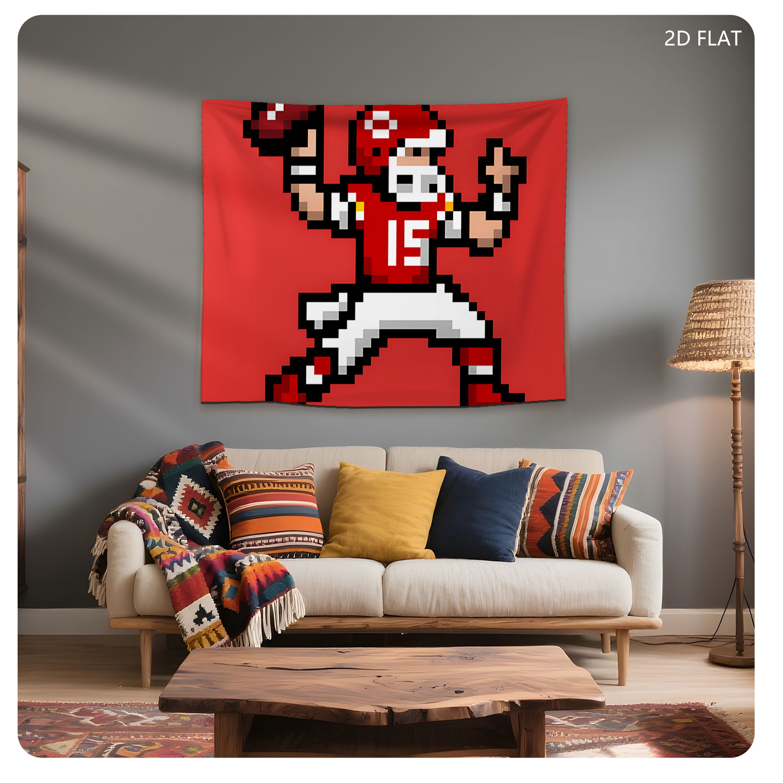 Pixel Football Player in Red Uniform, Number 15, Celebrating with Ball - Tapestry