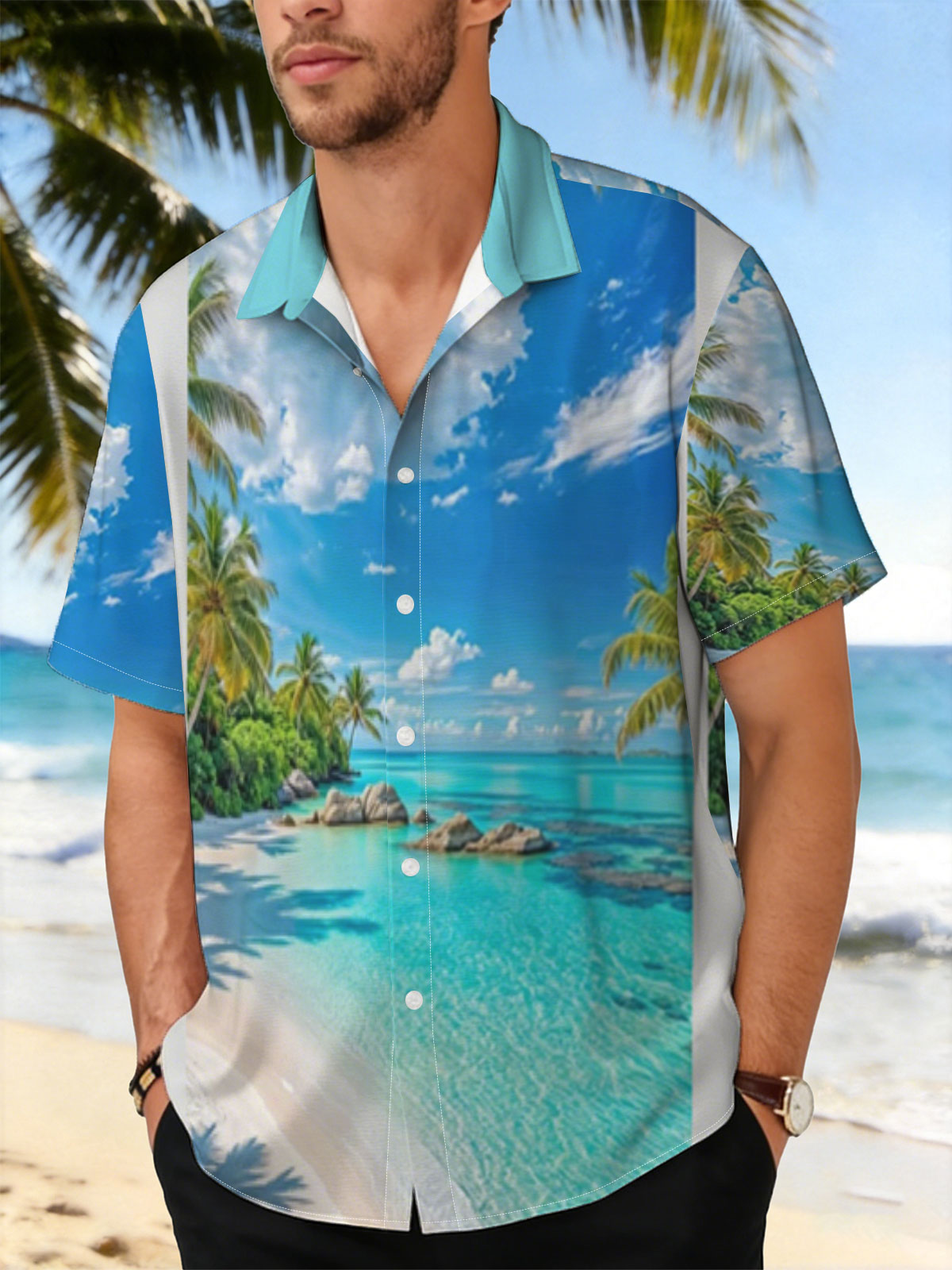 Tropical Beach with Crystal Clear Water and Palm Trees -  Shirt