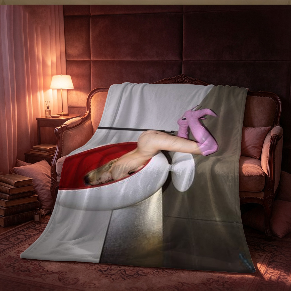 Nude woman with pink hair posing seductively on vintage gramophone. - Blanket