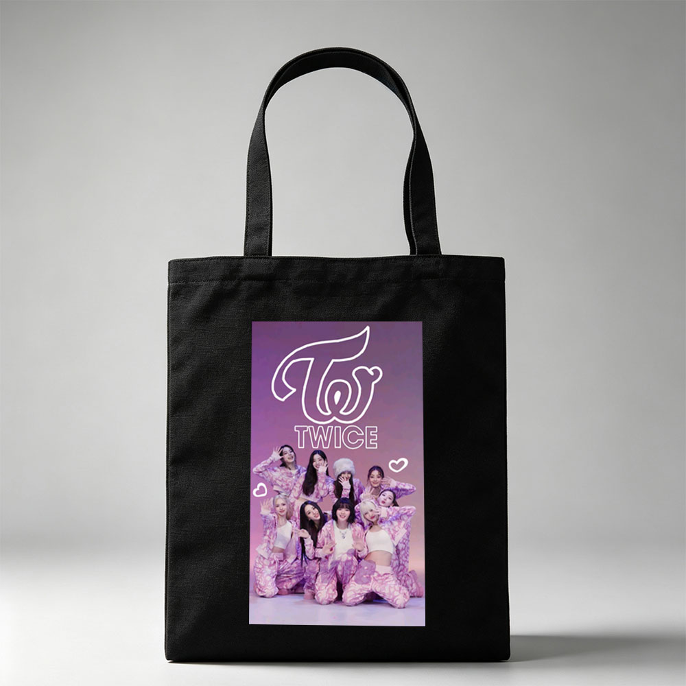 TWICE Group Photo in Pink Patterned Outfits with Heart Emojis and Logo Background - Canvas tote bags