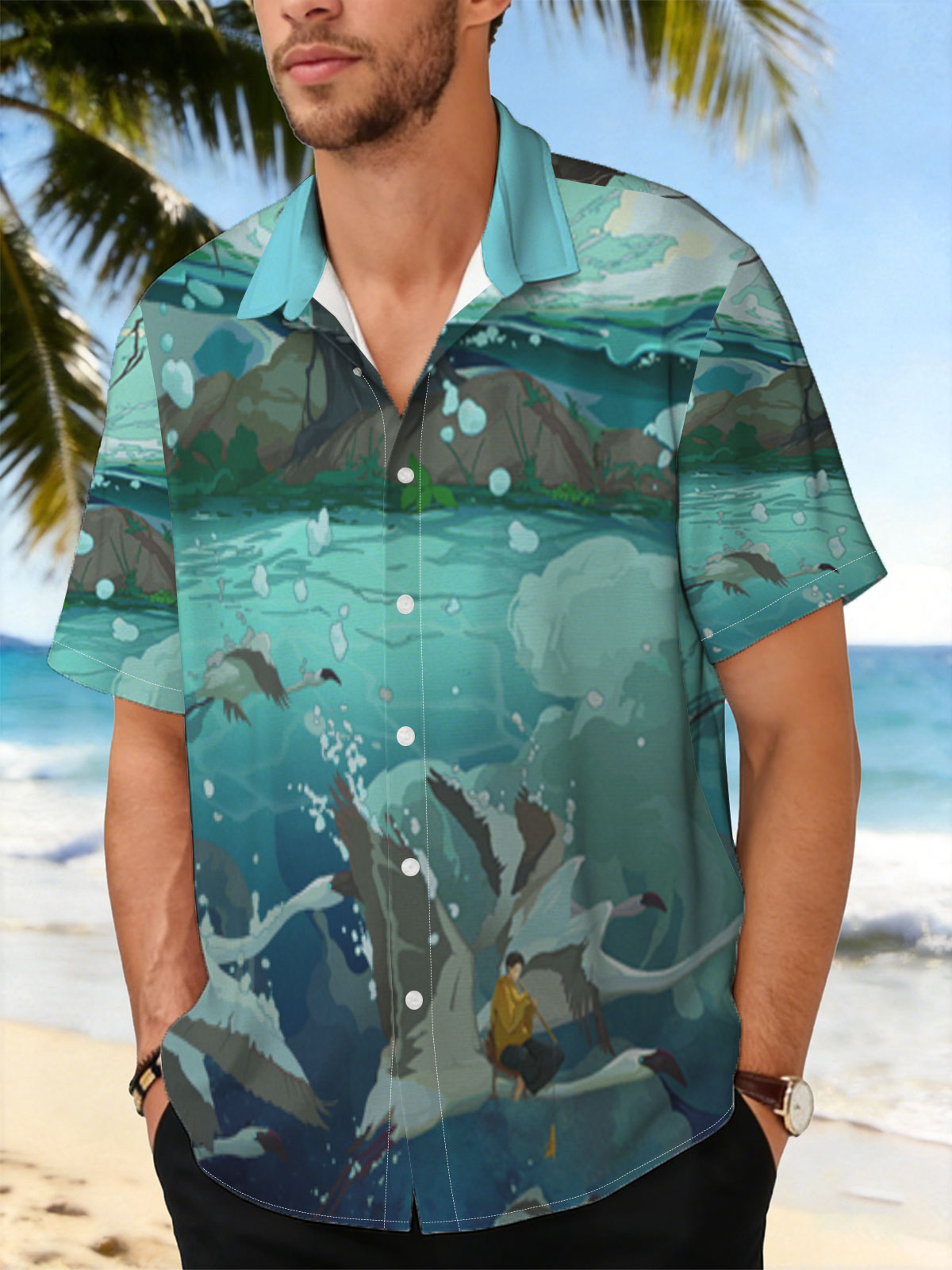 A boy rides a swan through a mystical underwater world beneath a giant tree. -  Shirt