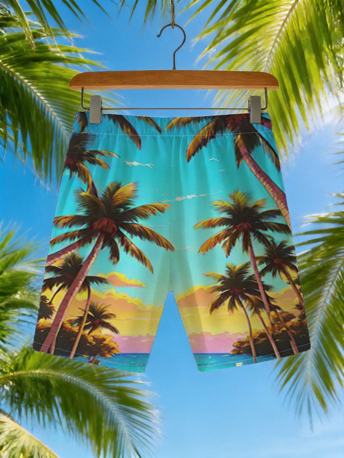Tropical Sunset Beach with Palm Trees and a Solitary Figure -  Beach shorts