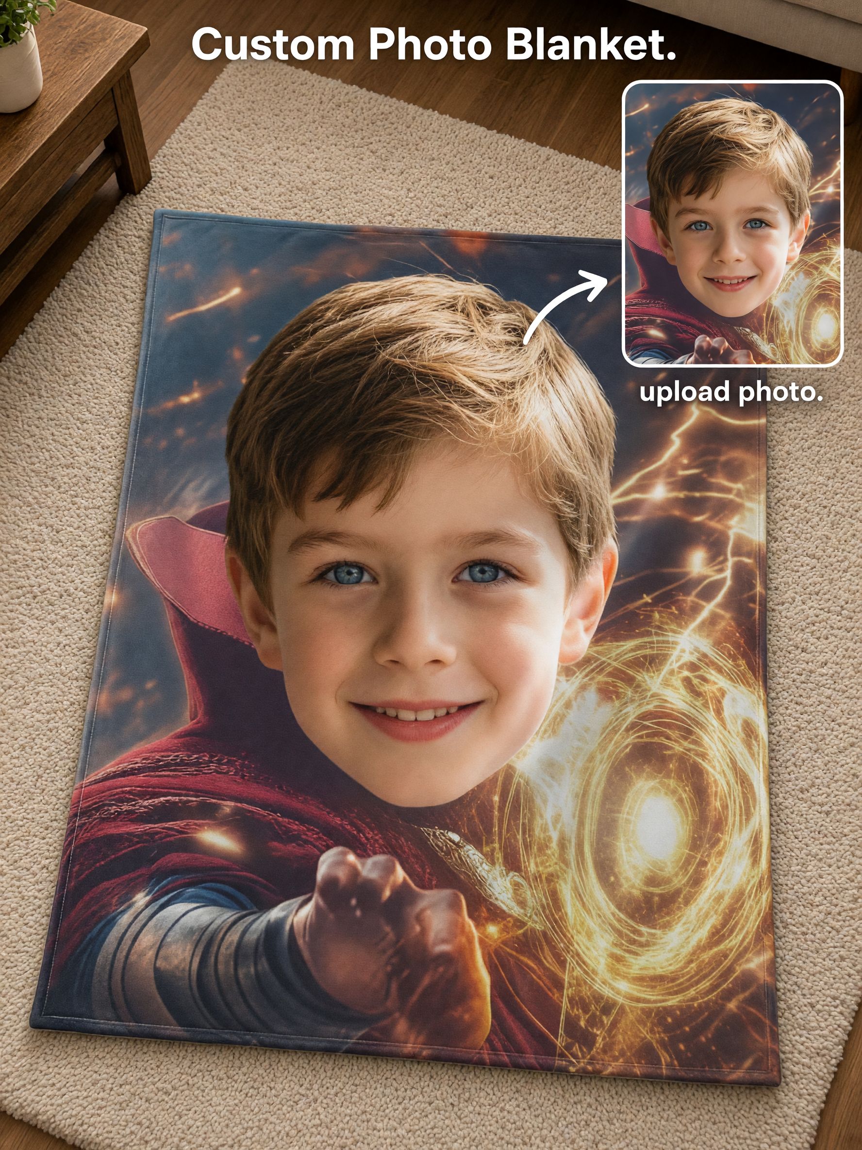 Custom Photo Face Blanket, Personalized Superhero Magic Flannel Fleece Throw, Cozy Plush Skin-Friendly Keepsake Gift